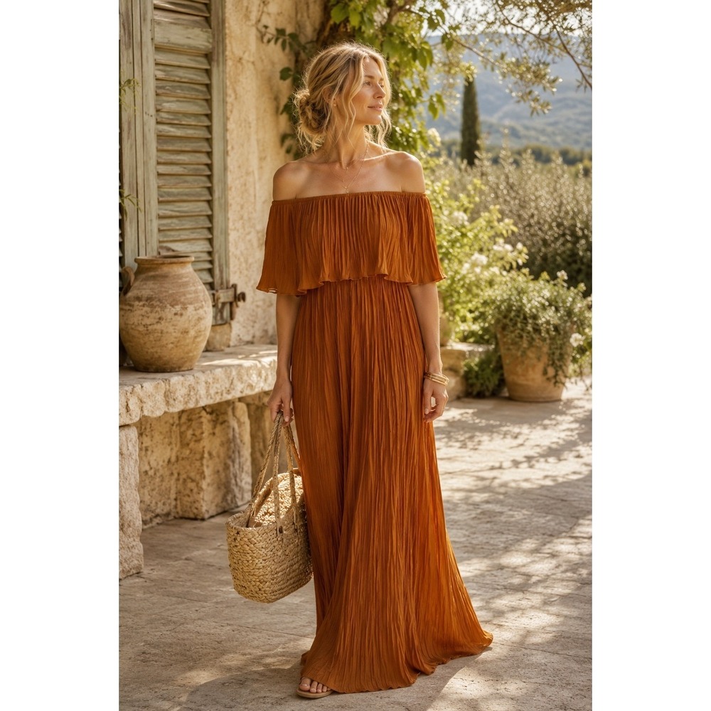 NEW Baltic Born CIARA XS Pleated Off Shoulder Maxi Dress SPICE Elegant WOMEN XS